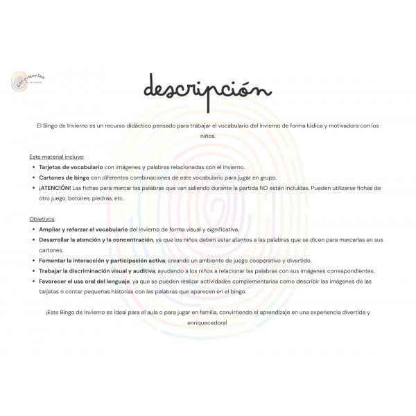 BINGO DE INVIERNO: con tarjetas de vocabulario en letra mayúscula y ligada