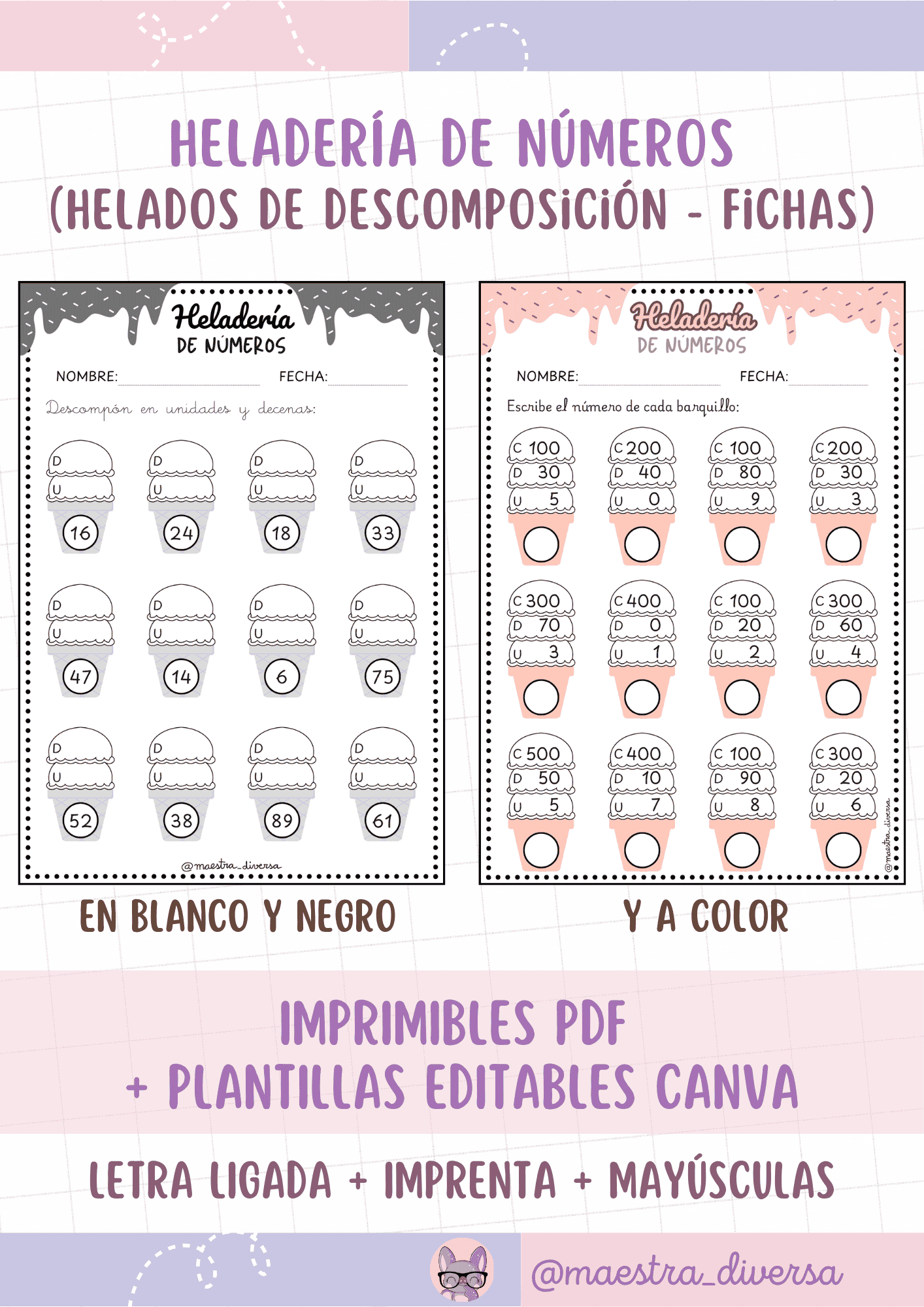 Heladería de números (plantillas editables Canva)