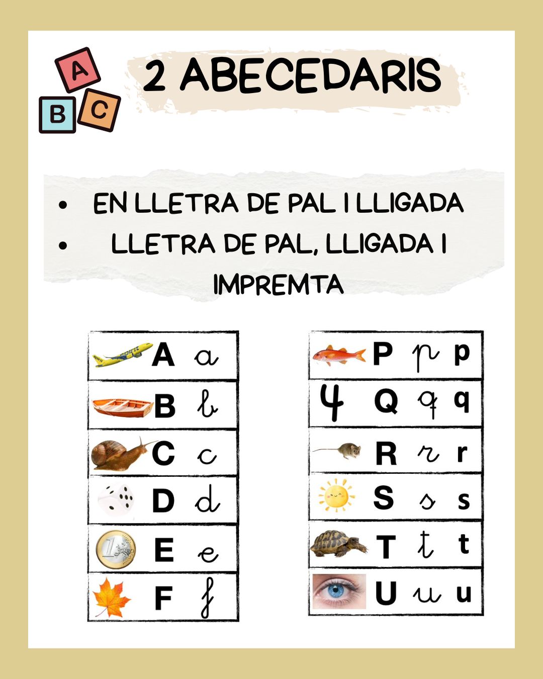 ABECEDARIS FONÈTICS 2 MODELS: PAL I LLIGADA; PAL, LLIGADA I IMPREMTA