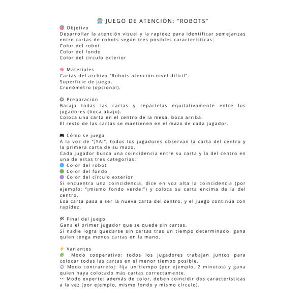 Juego de atención: Robots