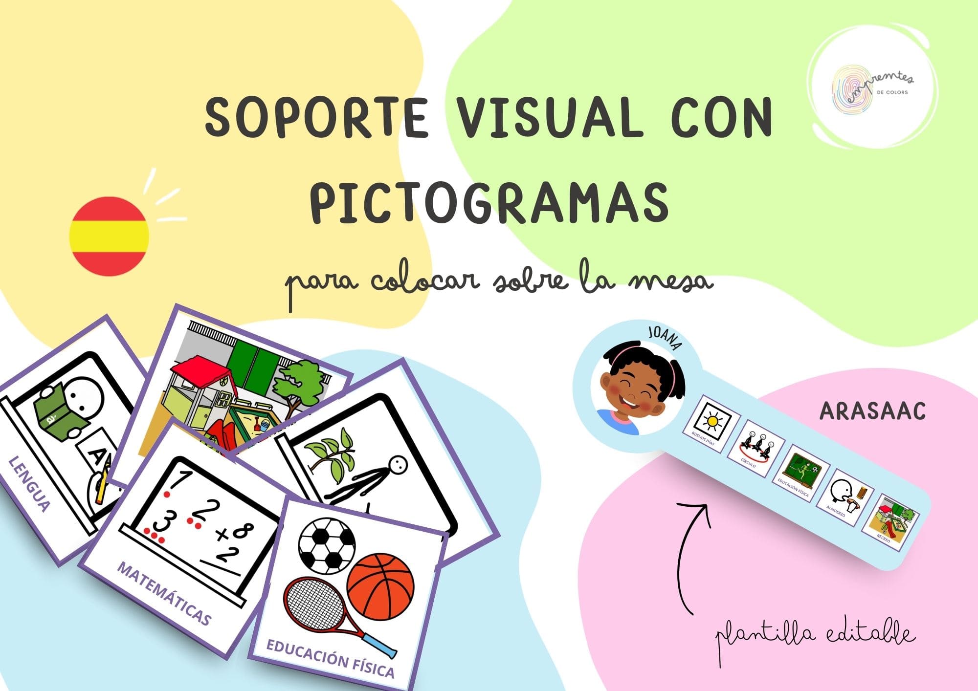 SOPORTE VISUAL CON PICTOGRAMAS; para colocar sobre la mesa (ARASAAC)