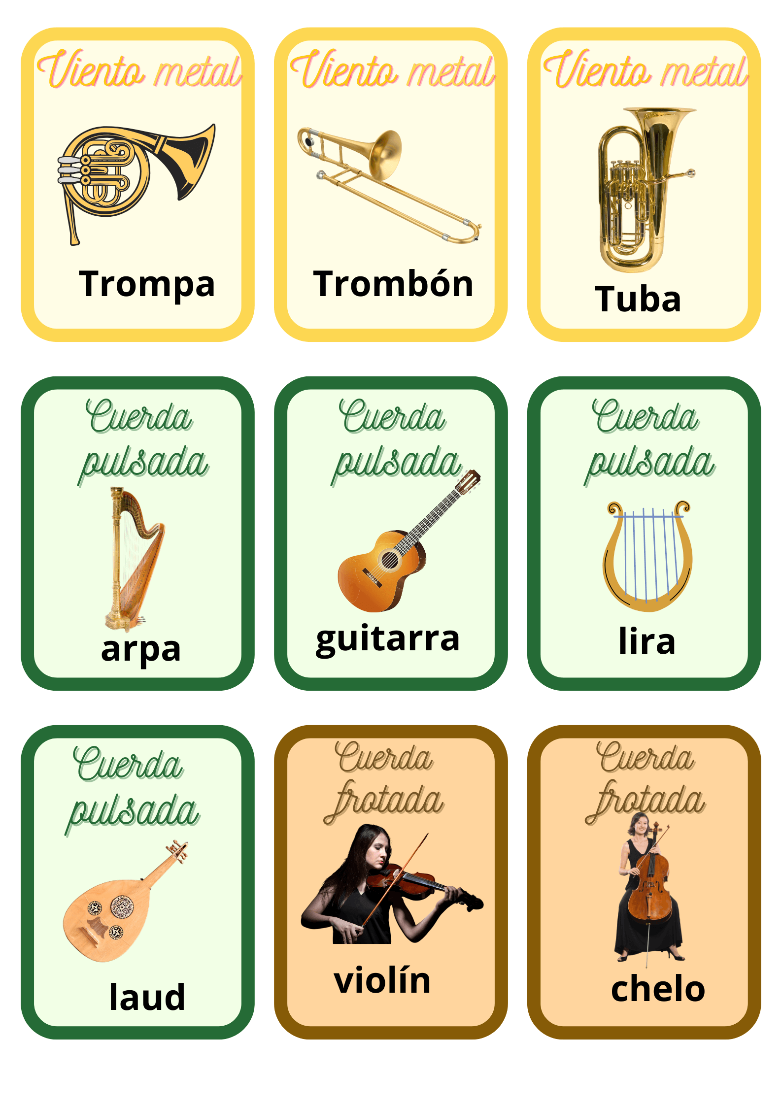 Las familias de instrumentos – Juego de cartas imprimible