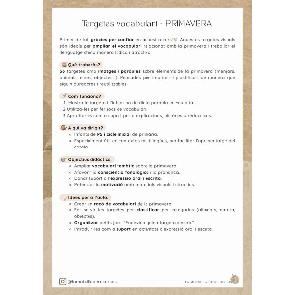PRIMAVERA - targetes vocabulari
