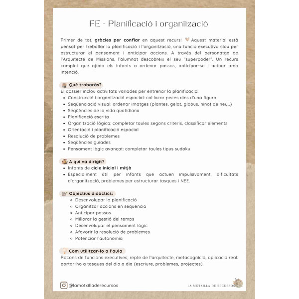 FUNCIONS EXECUTIVES - MOSTRA. Planificació i organització